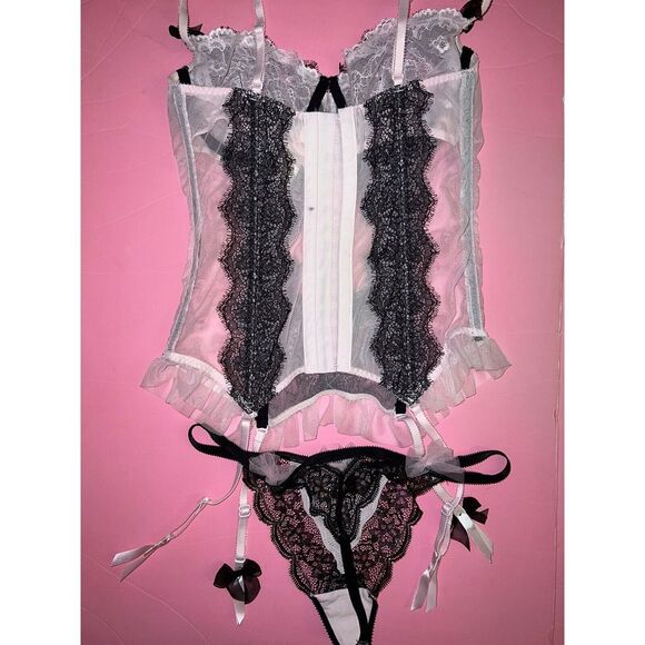 Victoria's Secret UNLINED 34B,36B GARTER CORSET+thong+SLIP Gown Pink Black Lace - Picture 4 of 6
